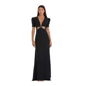 IEENA FOR MAC DUGGALBlack Plunge Neck Puff Sleeve Cut Out Gown Size 8